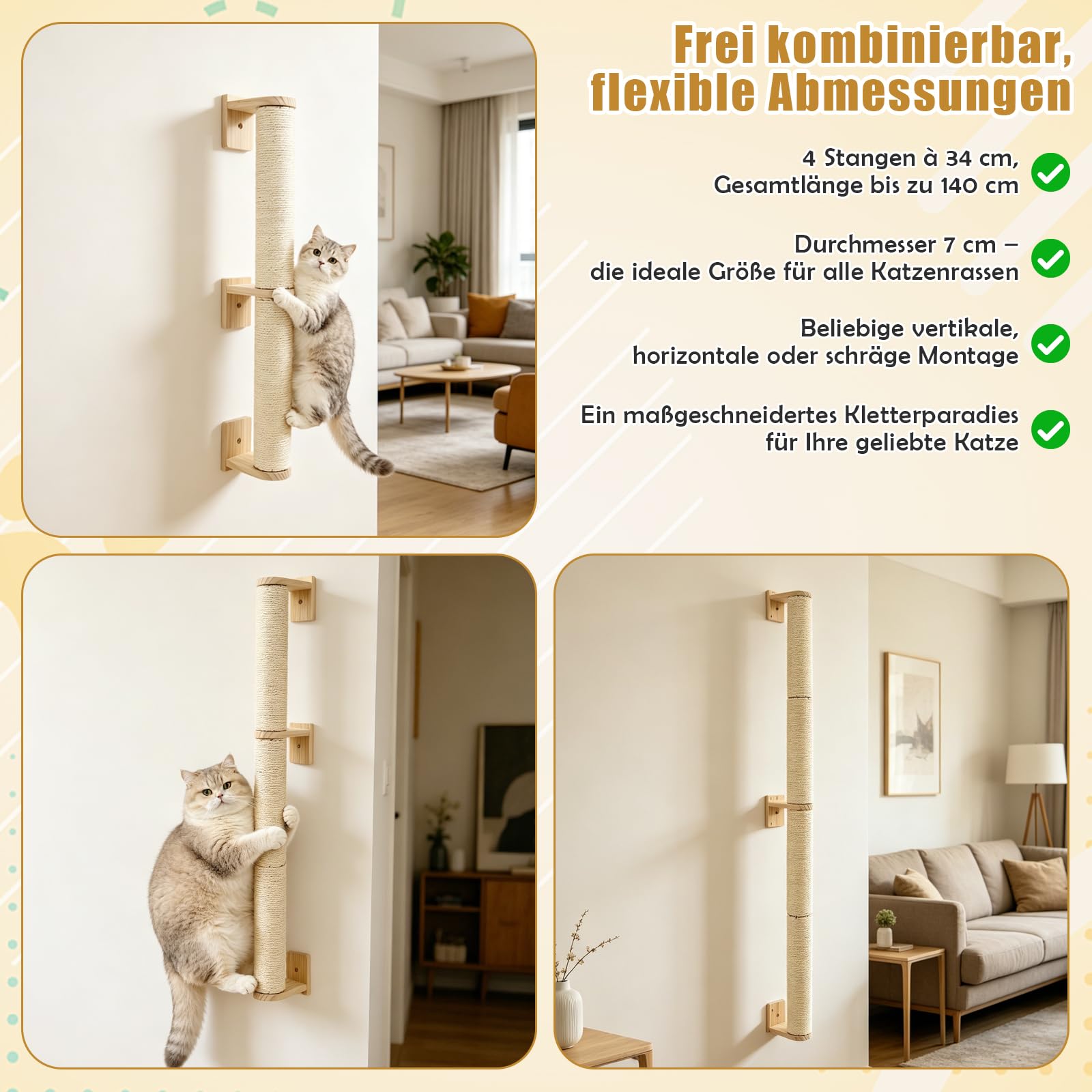 Rascador de repuesto para tronco de sisal, 2 piezas, tronco de sisal, diámetro de 7 x 34 cm, accesorios para rascador, altura de pila 70 cm, con tornillos M8 y llave (beige, pared)