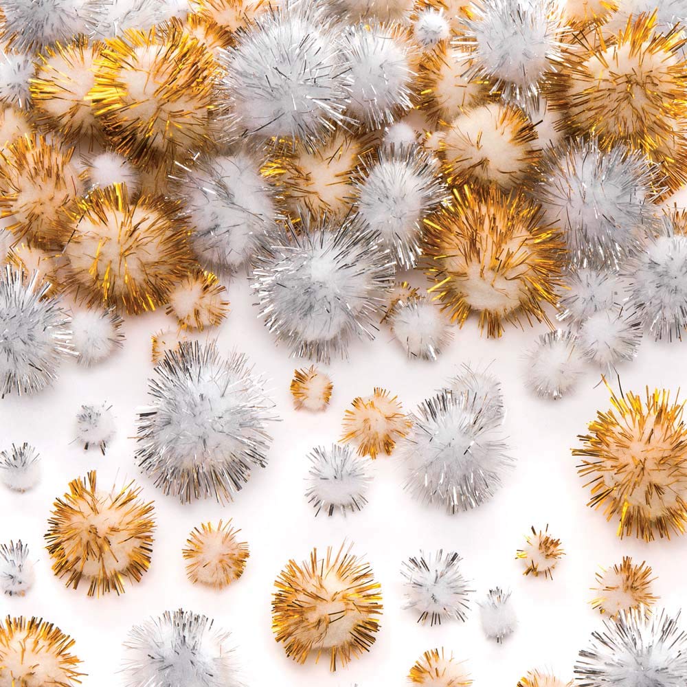Baker Ross AR687 Gold & Silver Glitter Poms for Kids Christmas Crafts and Decorations (Pack of 100), Silver & Gold