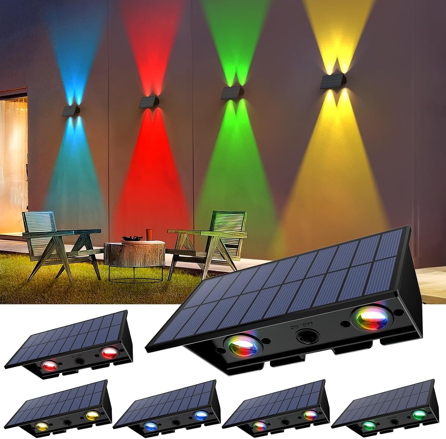 Solar Fence Lights,6 Pack Solar Lights Outdoor Warm White+RGB Up & Down Waterproof 100 Lumens Dusk to Dawn for Wall/Backya...