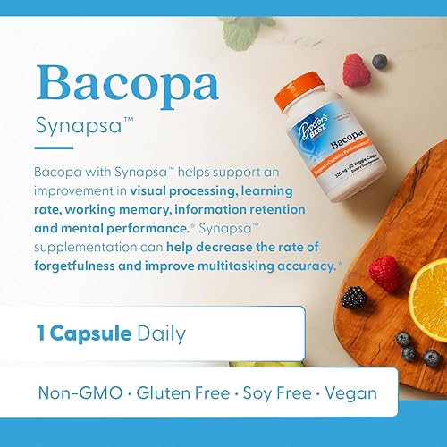 Miniatura 5 de Doctor's Best Bacopa con sinapsa, cerebro, mejora la memoria, antioxidante, sin OMG, vegano, sin gluten ni soja, 320 mg, 60 unidades