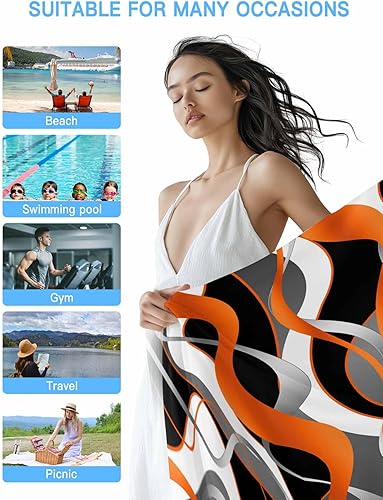 Miniatura 4 de Toalla de playa de gran tamaño con líneas abstractas, color naranja, negro, gris, blanco, 35 x 71 pulgadas, secado rápido, absorbente, manta de