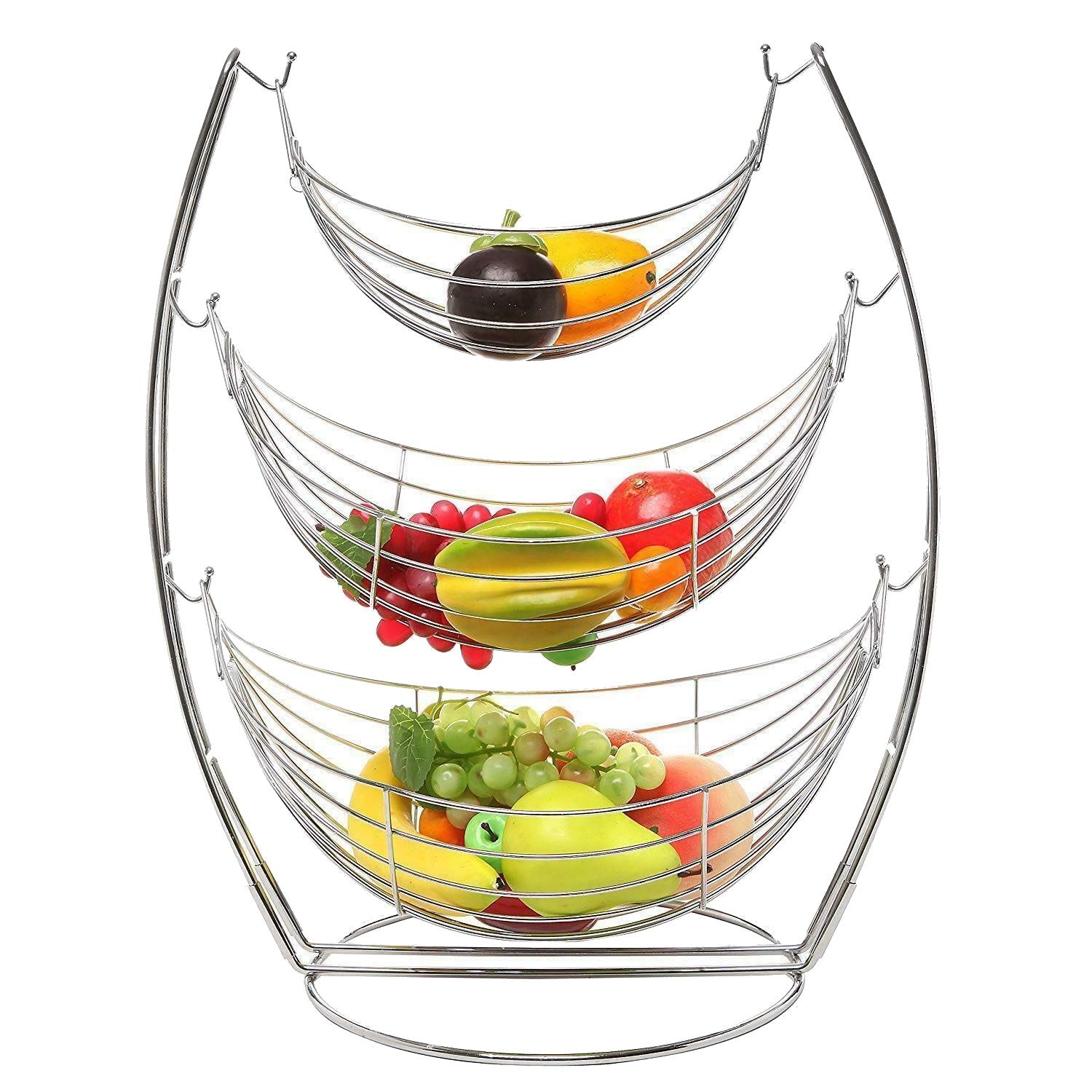 Optimal Products Silver 2 Tier Chrome Swinging Fruit Vegetable Bowl Basket Rack Storage Holder Hammock Fruit Vegetables Produce Metal Kitchen Swing Display Stand (3 Tier Basket)