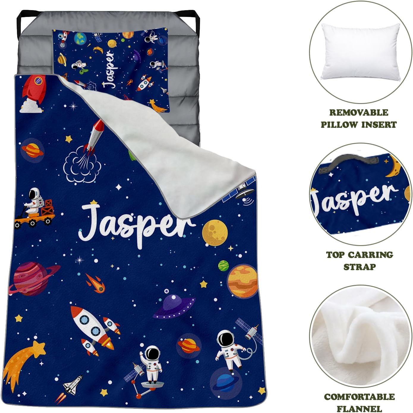 Personalized Toddler Nap Mat for Boys Girls – Custom Name Sleeping Mat with Space Theme, Roll-Up Daycare Slumber Mat with Blanket and Pillow, Kids Cot Nap Mat for Preschool