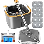 KZKR Spin Mop and Bucket Set with 10 Replaceable Microfiber Mop Pads with Self Separation Dirty and Clean Water System, Self Wringing 360 Rotating Square Mop Head for Hardwood Tile Marble Floors