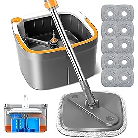 KZKR Spin Mop and Bucket Set with 10 Replaceable Microfiber Mop Pads with Self Separation Dirty and Clean Water System, Self Wringing 360 Rotating Square Mop Head for Hardwood Tile Marble Floors