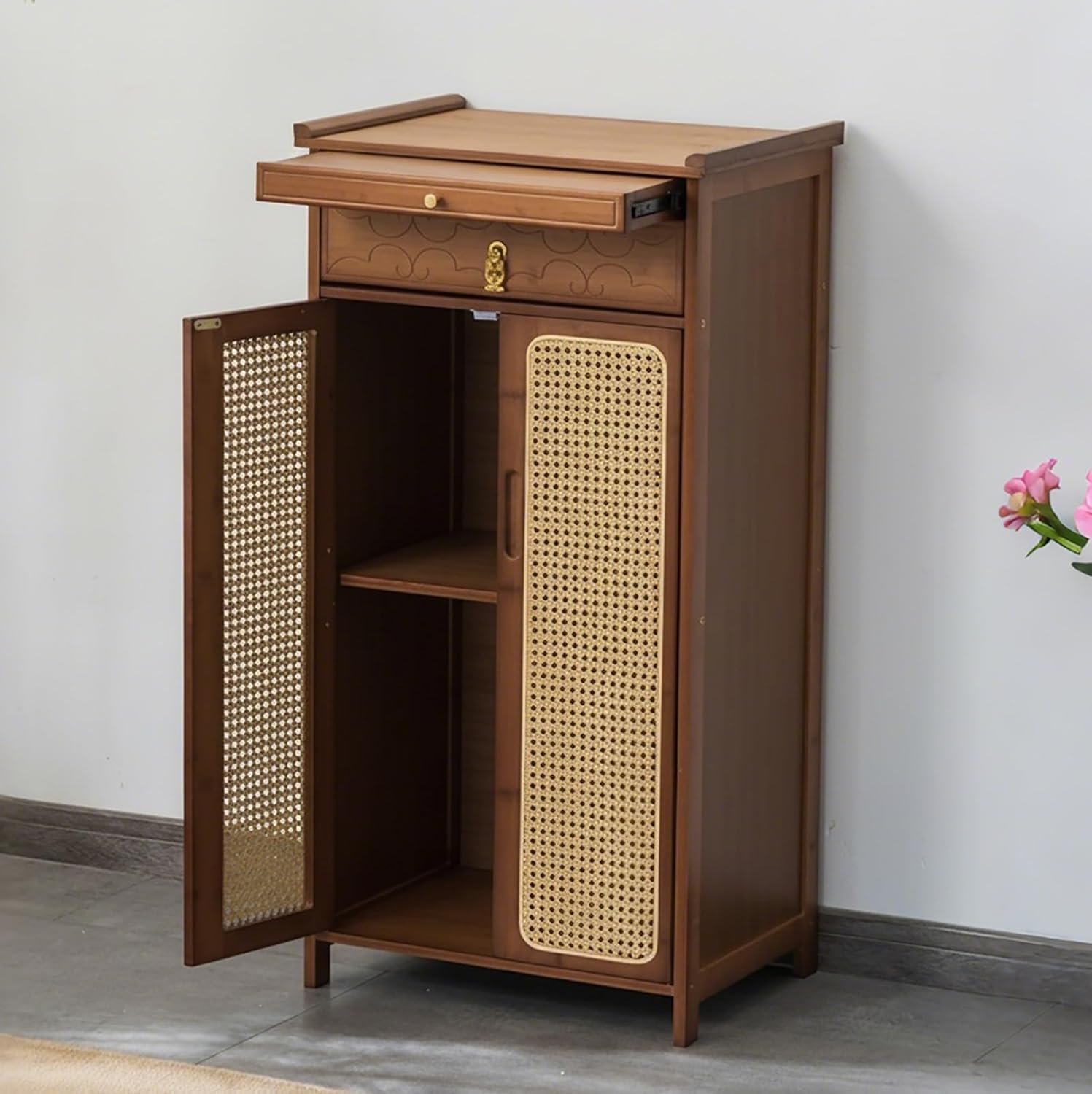 Personal Altar Cabinet, Chinese Buddhist Meditation Table with Plastic Rattan Cabinet Doors Prayer Offering Tables for Living Rooms, Temple(Brown,42x38x101cm)