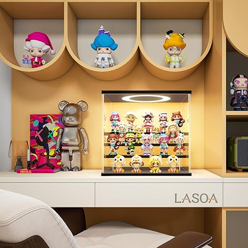 Miniatura 2 de LASOA Vitrina acrílica de 3 niveles con luz LED ajustable, caja transparente para figuras de acción, coleccionables y miniaturas, estante de