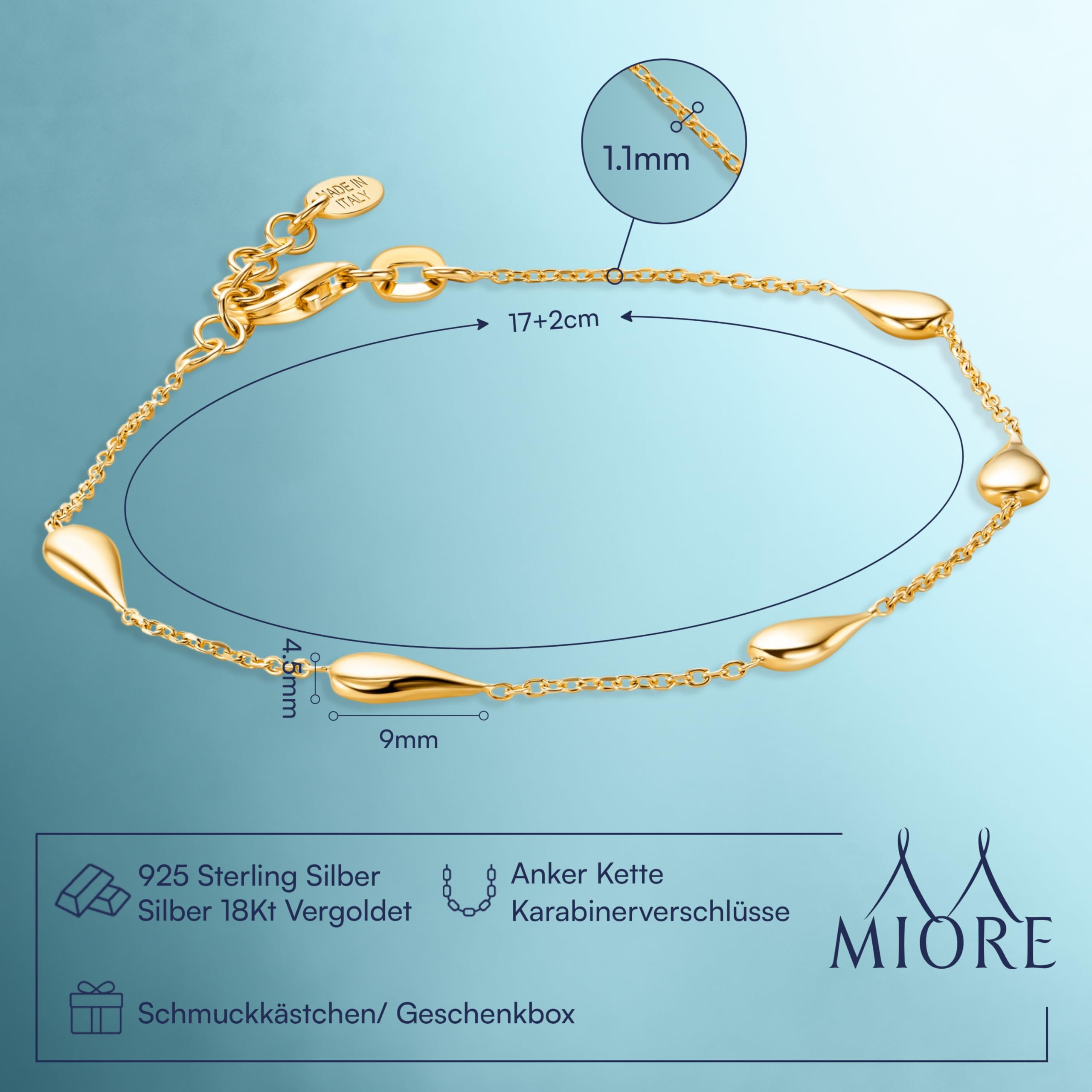 MIORE Armband Damen, 18 Karat vergoldetes 925 Sterlingsilber, goldenes Armband, Tropfen-Anhänger, Ankerkette, verstellbar 17-19 cm, Karabinerverschluss, Made in Italy, Schmuck Damen, mit Schmuckbox
