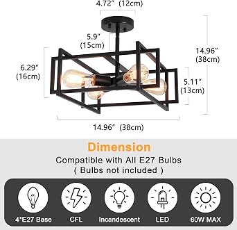 Black Ceiling Light Living Room, 4 Lights Industrial Semi Flush Mount Ceiling Lights, Vintage Black Chandeliers Ceiling Light for Kitchen, Bedroom, Dining Room, Lounge, Hallway