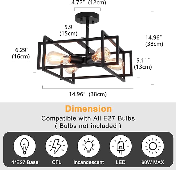 Black Ceiling Light Living Room, 4 Lights Industrial Semi Flush Mount Ceiling Lights, Vintage Black Chandeliers Ceiling Light for Kitchen, Bedroom, Dining Room, Lounge, Hallway