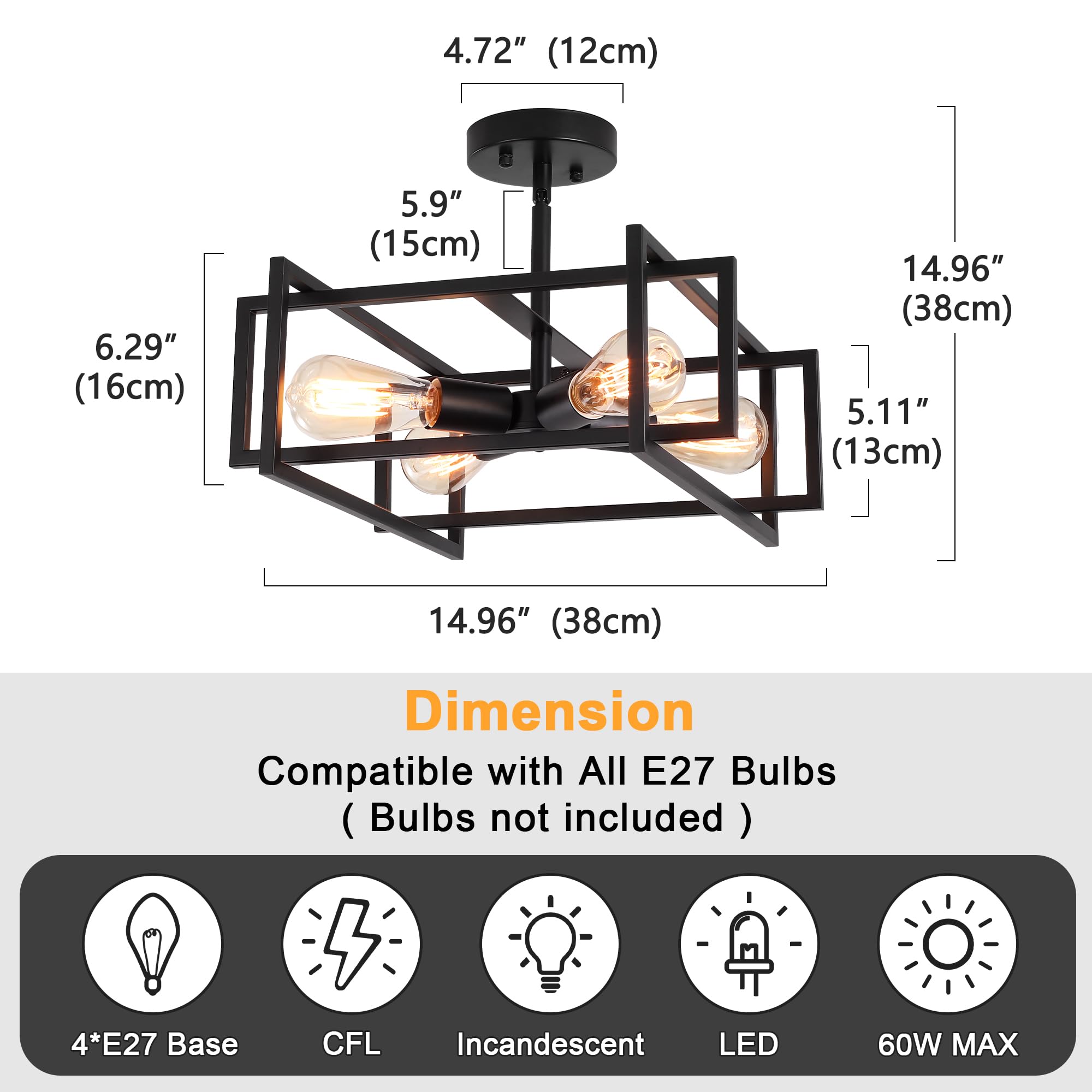 Lampada da Soffitto Nera per Soggiorno 4 Lampade da Soffitto Semi Incassate | Industriale Lampada da Soffitto a Sospensione Vintage, Adatta per Cucina, Camera da Letto, Sala da Pranzo