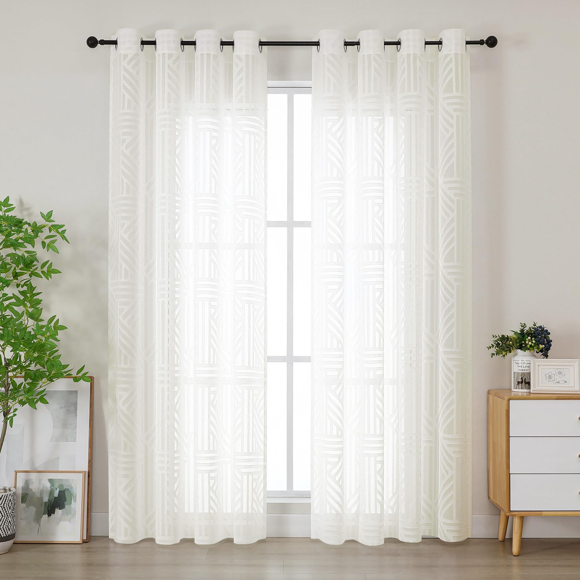 Simplebrand Natural Sheer Curtains 140x200cm 2 Panels for Living Room, Light Filtering Geometric Jacquard Clip Textured Eyelet Semi Sheer Curtains for Front Back Patio Glass Door