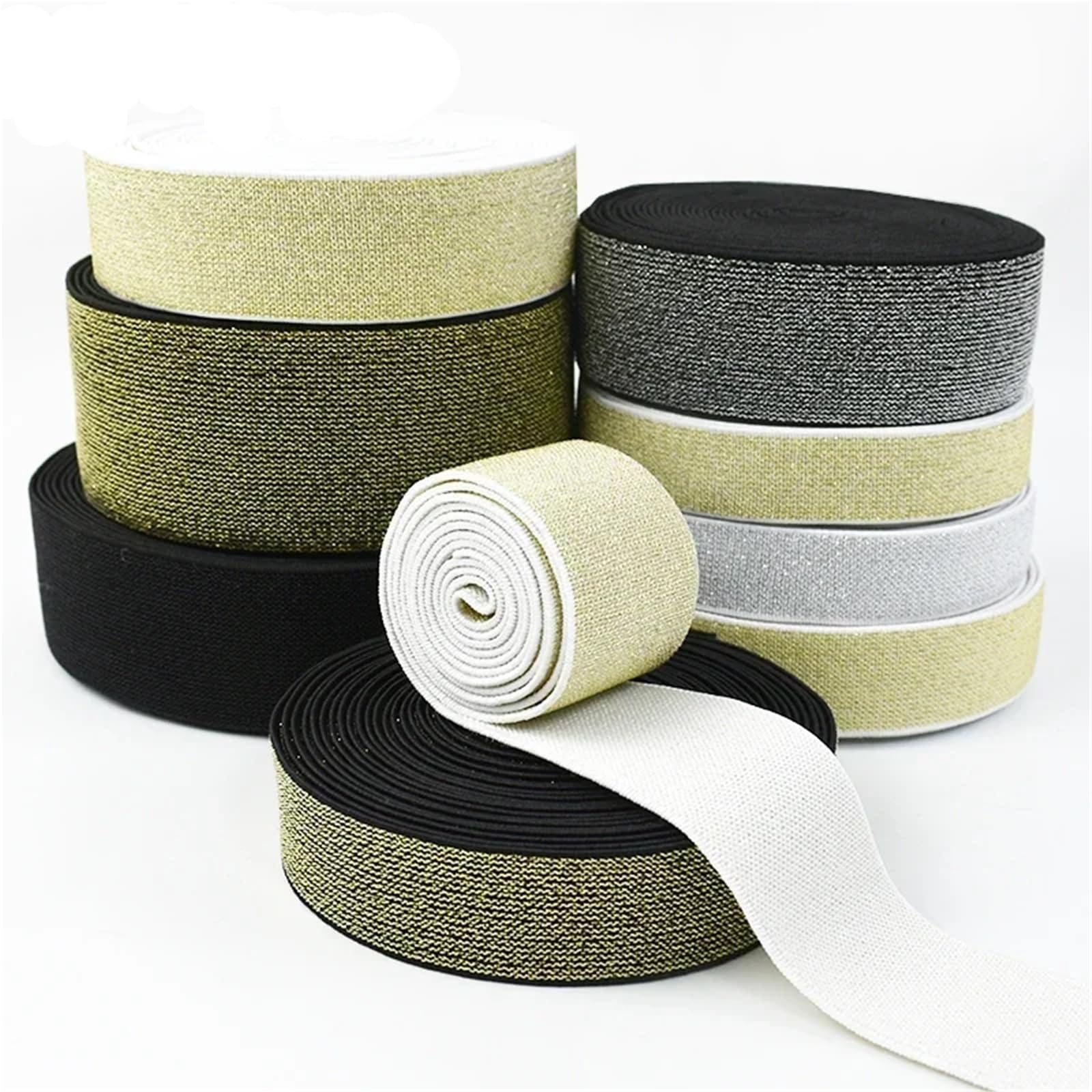 Cinta EláStica Costura 5/10M 10-50mm Banda Elástica Nailon | Bolso abrigo cinta de goma brillante pretina vestido cinturón accesorio de costura(Gold Black,10Meters,25mm)