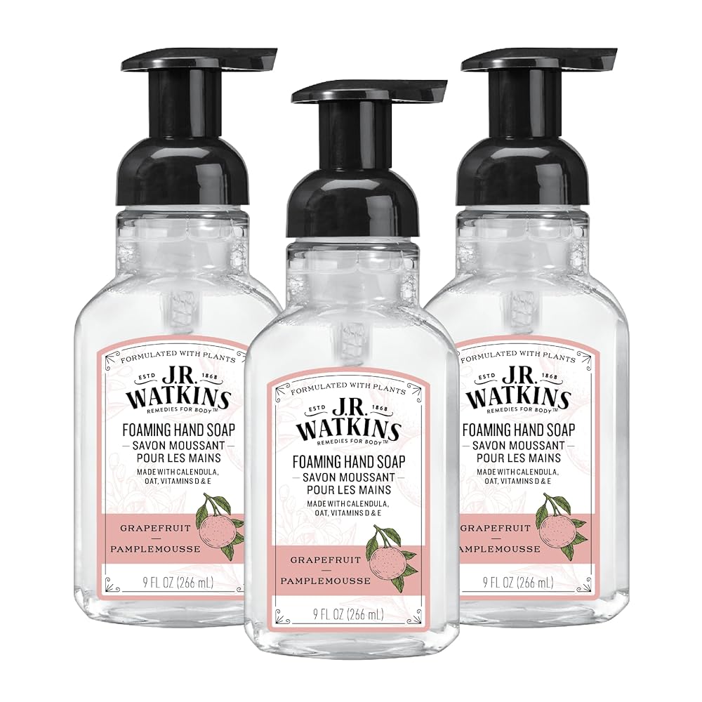 J.R. Watkins Foaming Hand Soap with Pump Dispenser, Moisturizing Foam Hand Wash, Alcohol-Free and Cruelty-Free, Grapefruit, 9 fl oz, 3 Pack