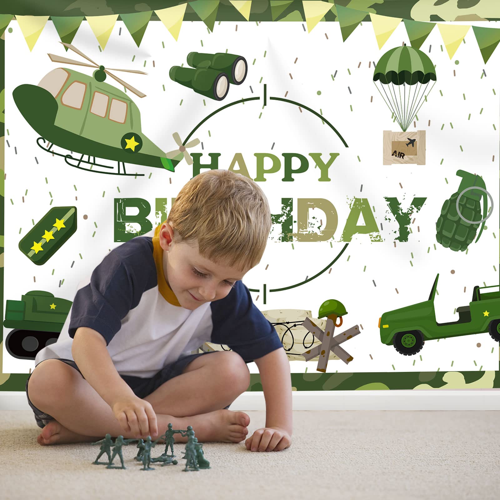 Soldaten-Thema "Happy Birthday" Hintergrund & Camouflage-Tischdecke Set - 150x90 Cm & 130x220 Cm, Für Militär-Party