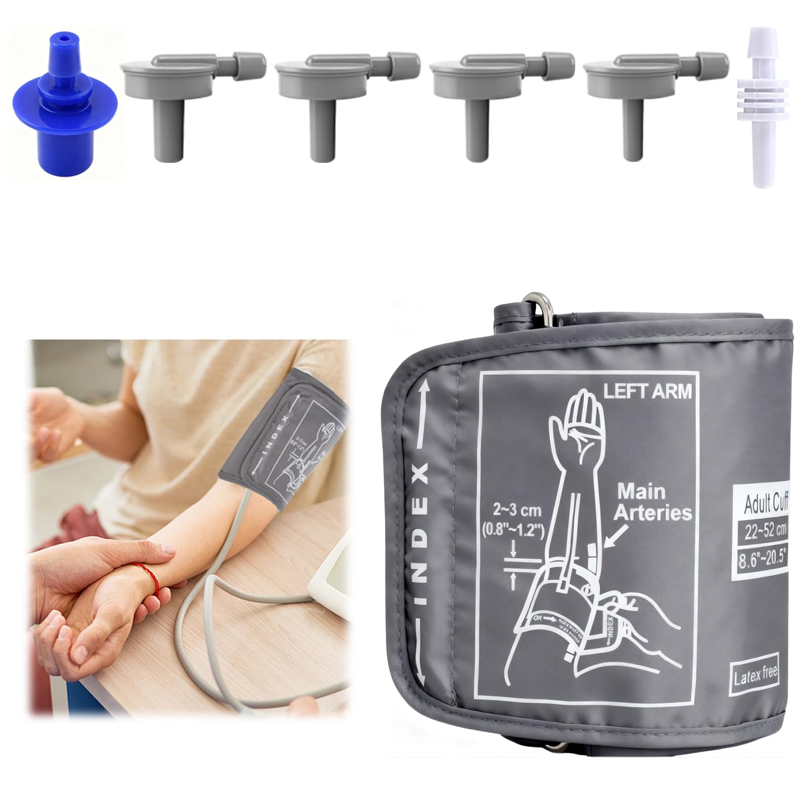 Opaska na nadgarstek z ciśnieniem krwi, duży rozmiar elektryczny 22-52 cm dla dorosłych z 6 złączami, kompatybilna z większością przenośnych ciśnieniomierzy (szara)