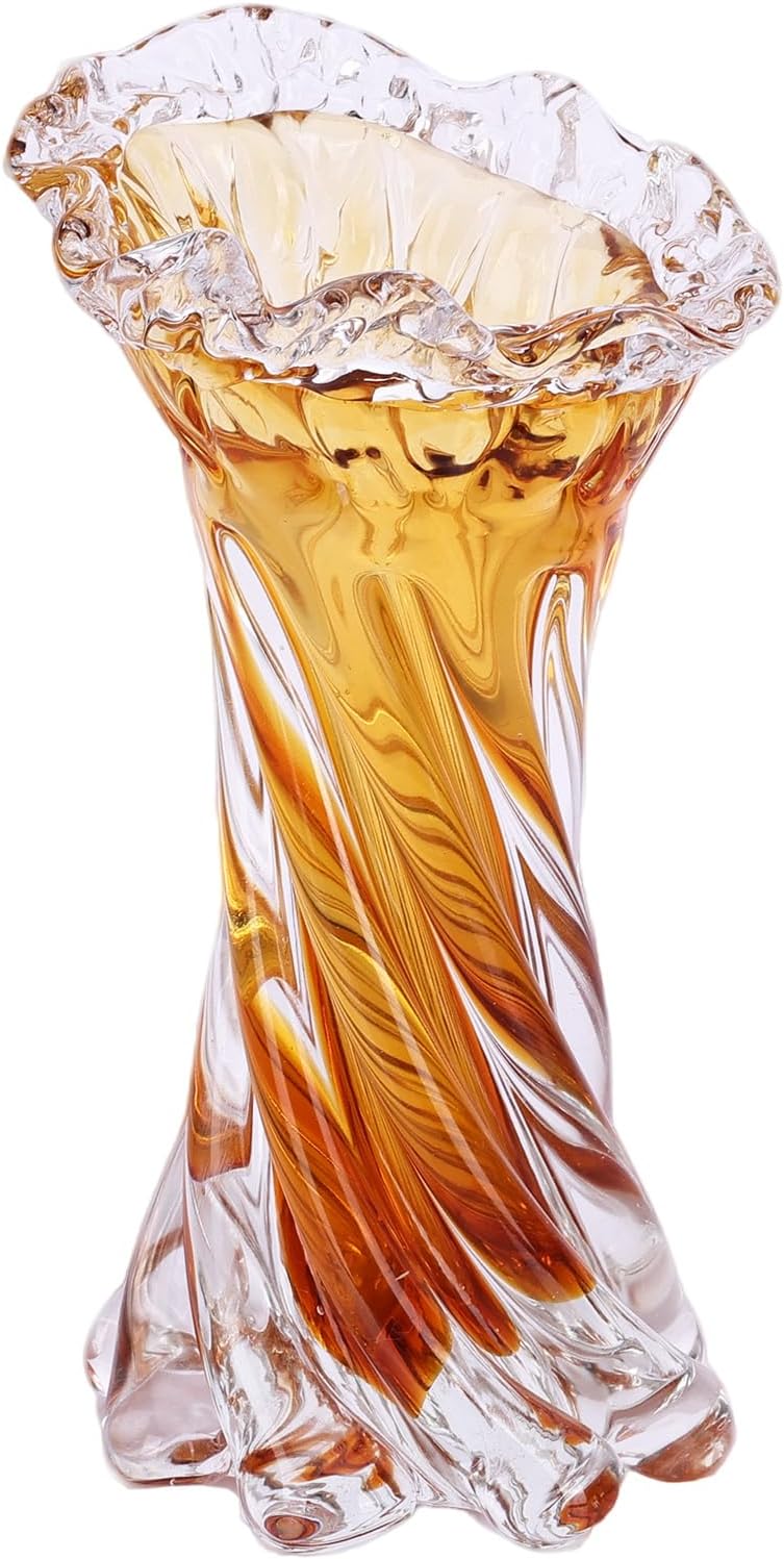Hand Blown Amber Glass Vase with Twisted Spiral & Ruffled Shattered Rim, 8.46in Small Wide Mouth Vase for Home Centerpiece, Living Room, Office, Bathroom & Entryway Decor (S)