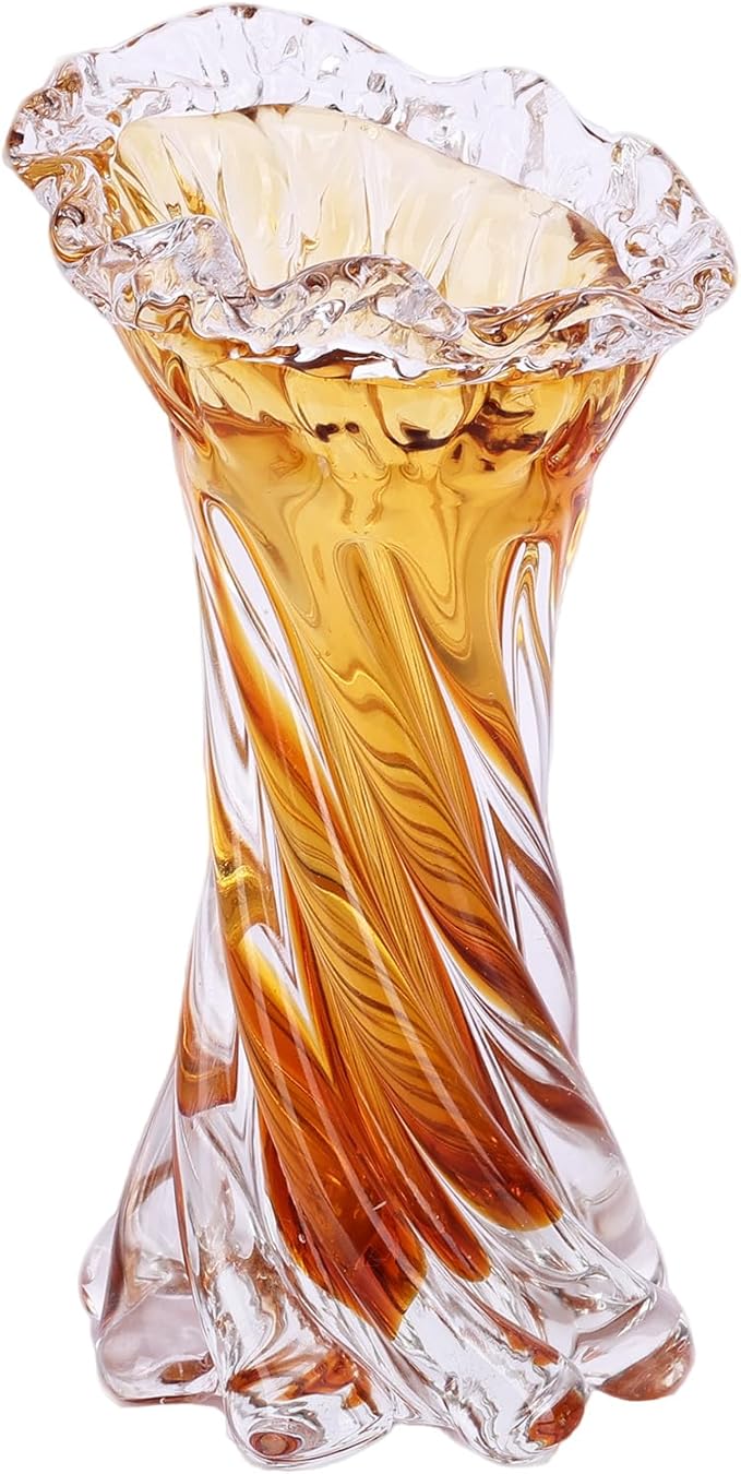 Unique Hand Blown Amber Glass Vase - Artistic Flower Vase for Centerpieces, Home Decor & Living Room Table