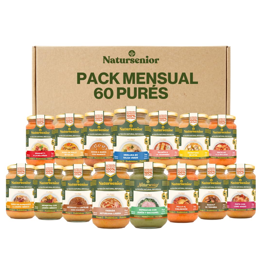 Natursenior - Comida Triturada para Personas Mayores - Pack Mensual Purés Comidas y Cenas x60-100% Natural, Omega 3, Fibra, Proteína - 60 uds x 340g