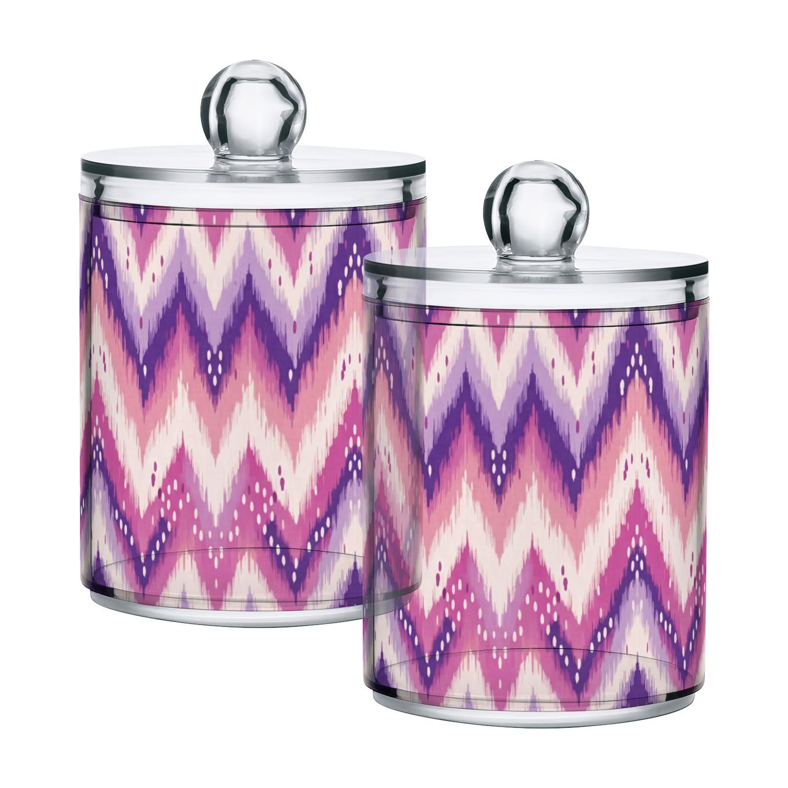 Lyeorm Chevron Pattern Apothecary Jars with Lid 2 Pack Qtip Holder Dispenser Bathroom Storage Organizer Clear Plastic Canister Jar for Cotton Ball, Cotton Swab