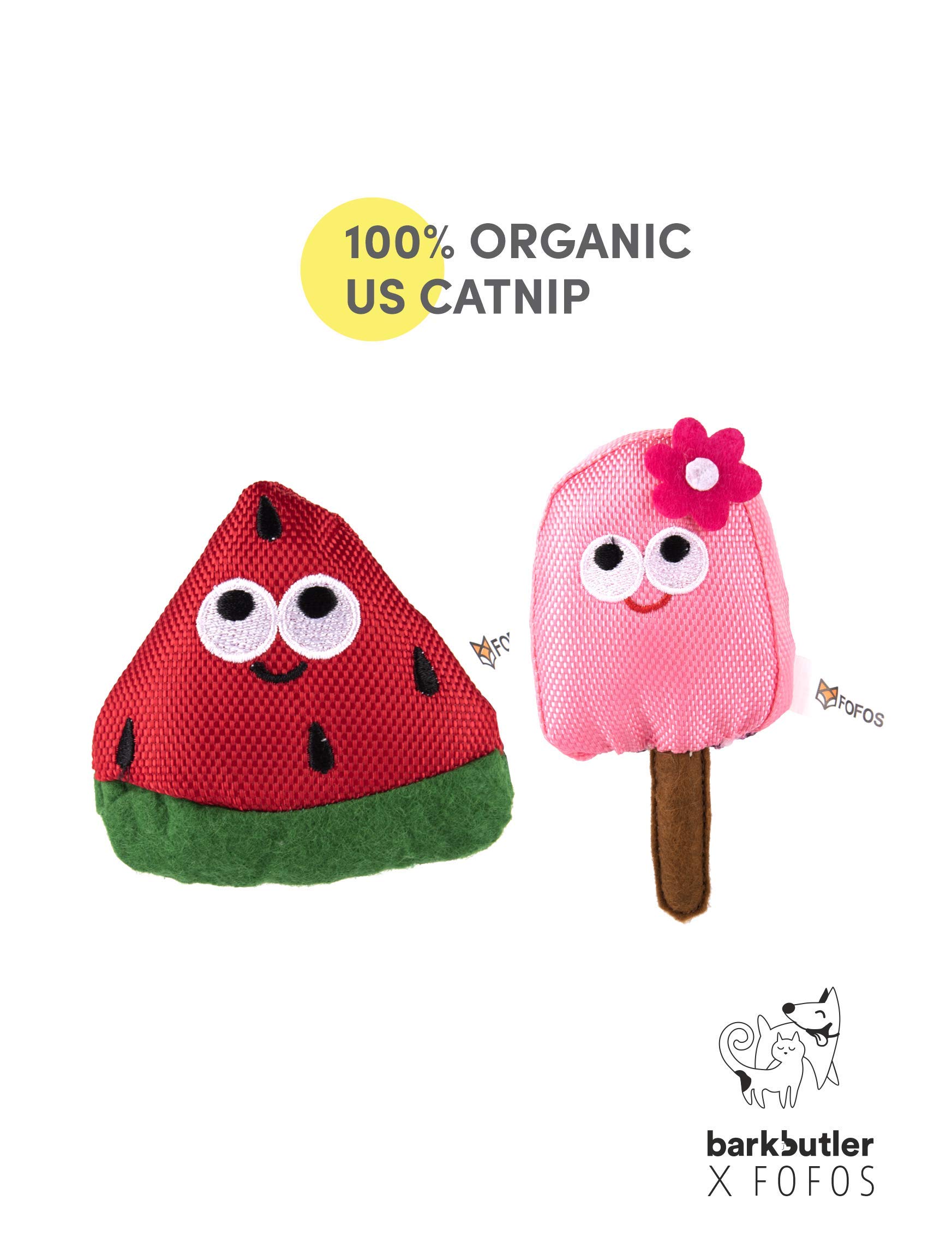 BarkButler Fofos Sommer-Katzenspielzeug, Wassermelone mit Eis am Stiel, 2 Stück, US-Katzenminze innen, Plüsch-Kauspielzeug, strapazierfähiges Oxford-Gewebe, für Kätzchen ab 6 Monaten + ältere Katzen