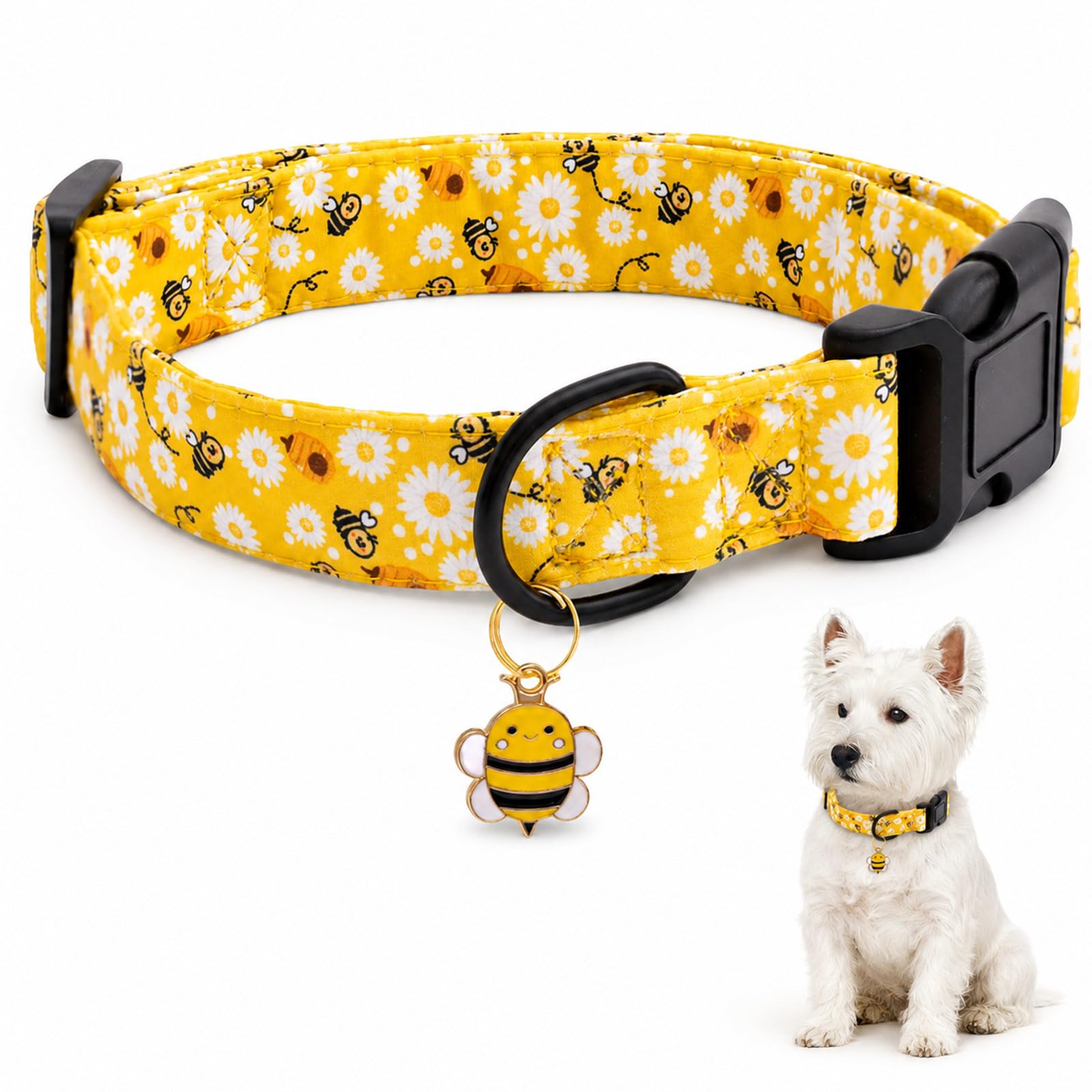 InteDesign Soft Adjustable Dog Collar, Breathable Cotton Floral Print Pet Collar with Charm & Quick Release Buckle for Small Medium Dogs