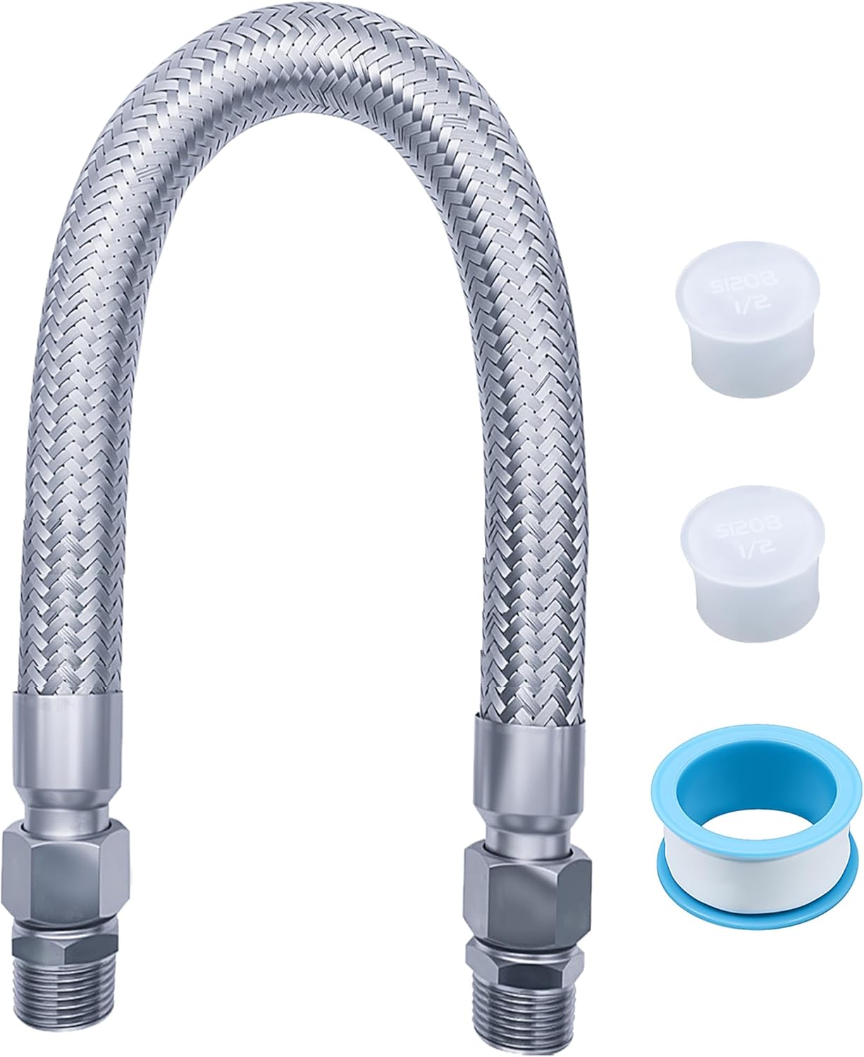 Industrial Grade Reinforced Air Compressor Hose Assembly - 1/2" NPT Male Connectors - 20" Flexible Stainless Steel Braided Line with 360° Rotating Fittings (450 PSI/750°F Rated) (1/2" X 20")