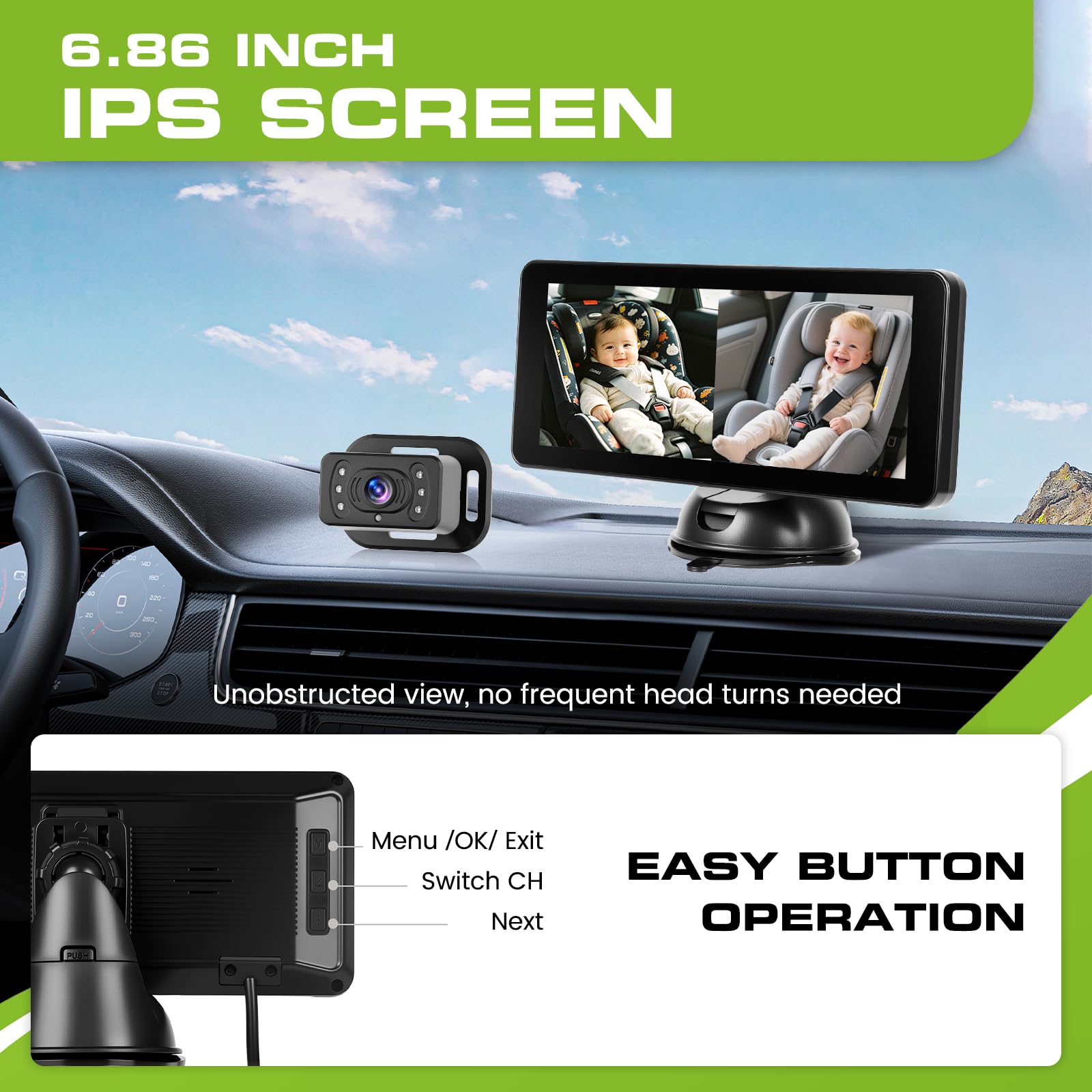 720P Baby Autokamera für 2 Kinder 6,86 Zoll Ultrawide IPS Display IR Nachtsicht 360°Drehbar Split-Screen Einfache Installation Baby Kamera Auto für Limousinen, Kleintransportern, Lieferwagen und SUV