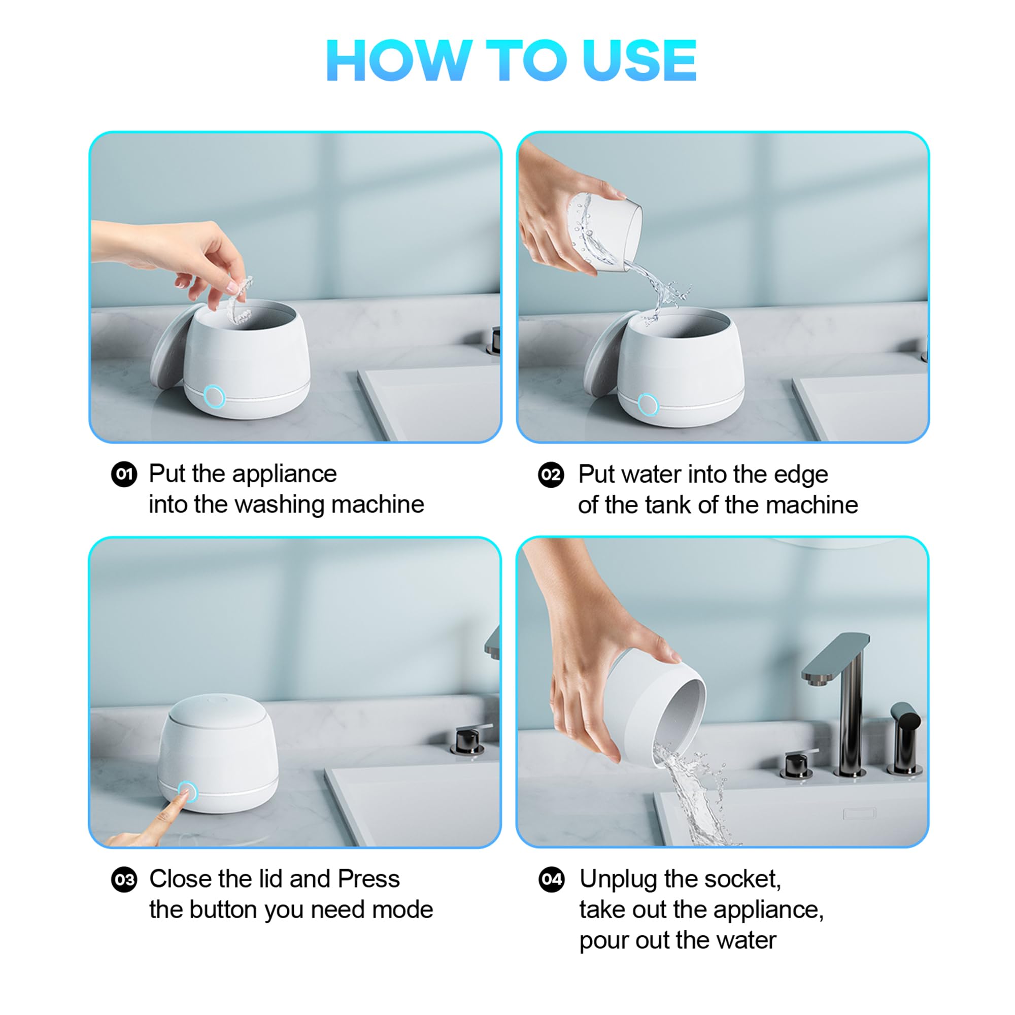 Macchina per pulizia a ultrasuoni Pro, completa rapidamente la spazzolatura e il bagno della protesi, pulizia profonda e previene efficacemente lo scolorimento dell'allineatore, bianco