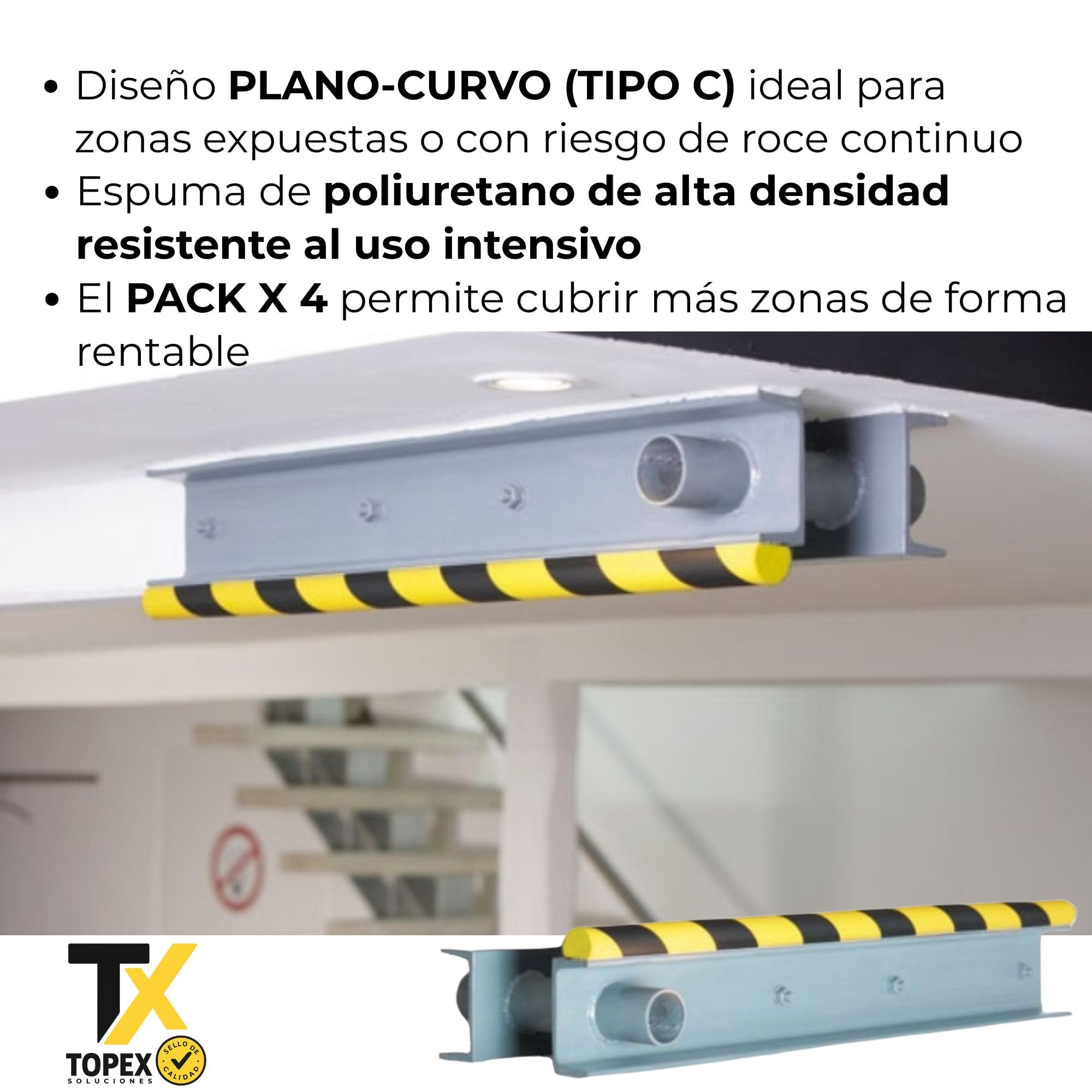 Protector Bordes Curvos Tipo C – Paragolpes Espuma Amarillo Negro – Protección Estructuras Industrial – 1 m Ø40 mm – Pack 4
