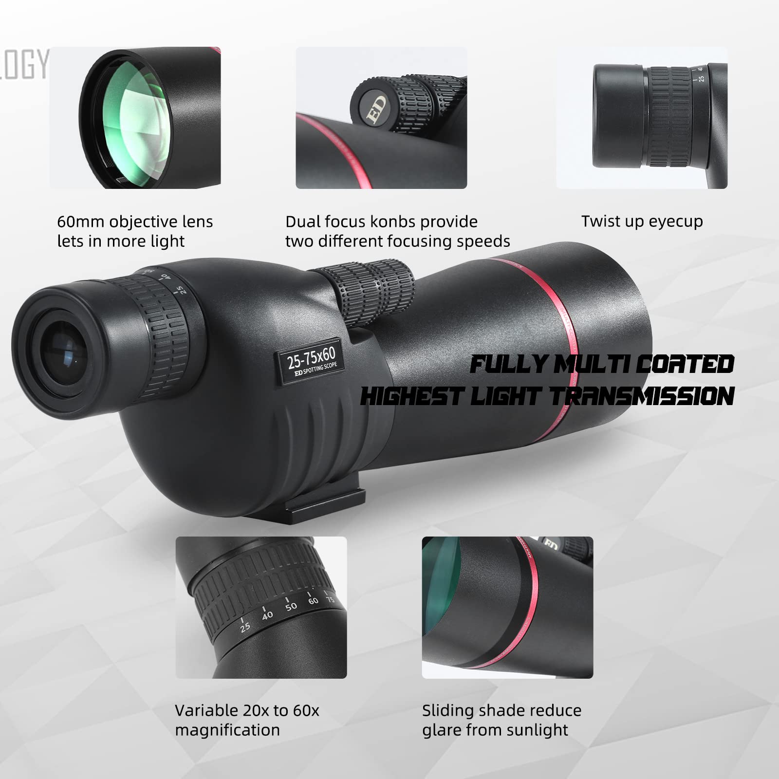 Cannocchiale, Telescopio Ultra HD 25-75X60, doppia messa a fuoco ED, impermeabile Cannocchiale FMC Lens-BAK4 Prism con custodia per il trasporto Treppiede per il tiro al bersaglio Caccia Bird Watching