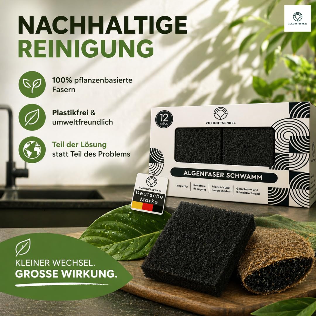 Schwarze Spülschwämme Nachhaltig 12er Pack Schwämme– Biologisch Abbaubare Küchenschwämme aus Algenfaser – Plastikfrei, Kratzfrei & Umweltfreundlich – Naturschwamm für Moderne Küchen (12, Schwarz)