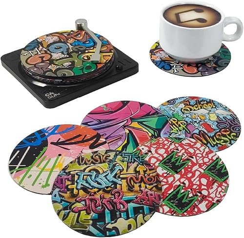 Miniatura 2 de Portavasos de vinilo con soporte para reproductor de vinilo retro, juego de 6 posavasos creativos para bebidas, bares, cafeterías, fiestas en casa,