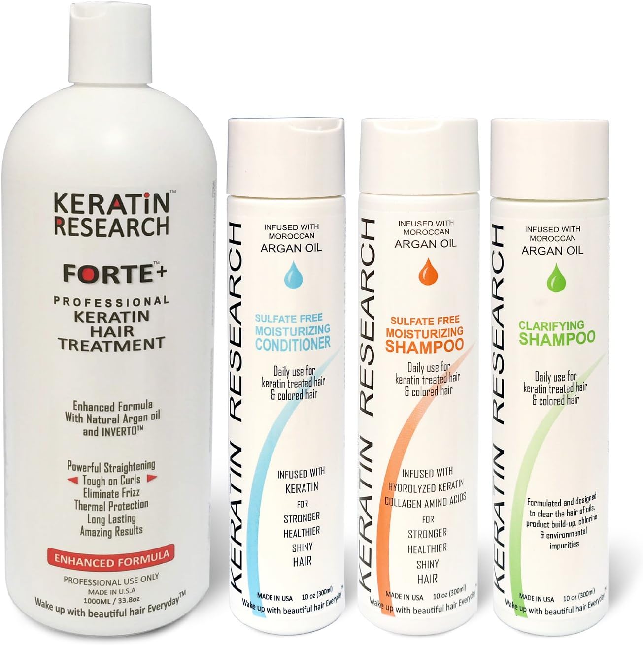 Keratin ResearchForte Brazilian Hair Blowout Treatment with Moroccan Argan Oil Extra Strength Enhanced Formula 4 Bottles 1000ml Kit Queratina Brasilera Tratamiento Forte