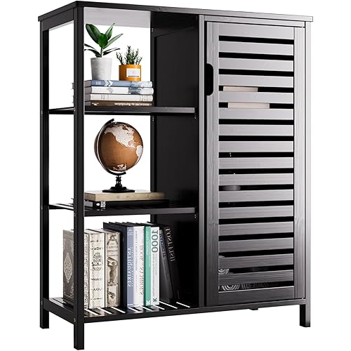 HITNET Black Bathroom Cabinet, Freestanding Storage Cabinet Bamboo Kitchen Floor Cupboard with Door and Shelf, Space Saving Side Storage Organizer for Living Room Bedroom Home Office