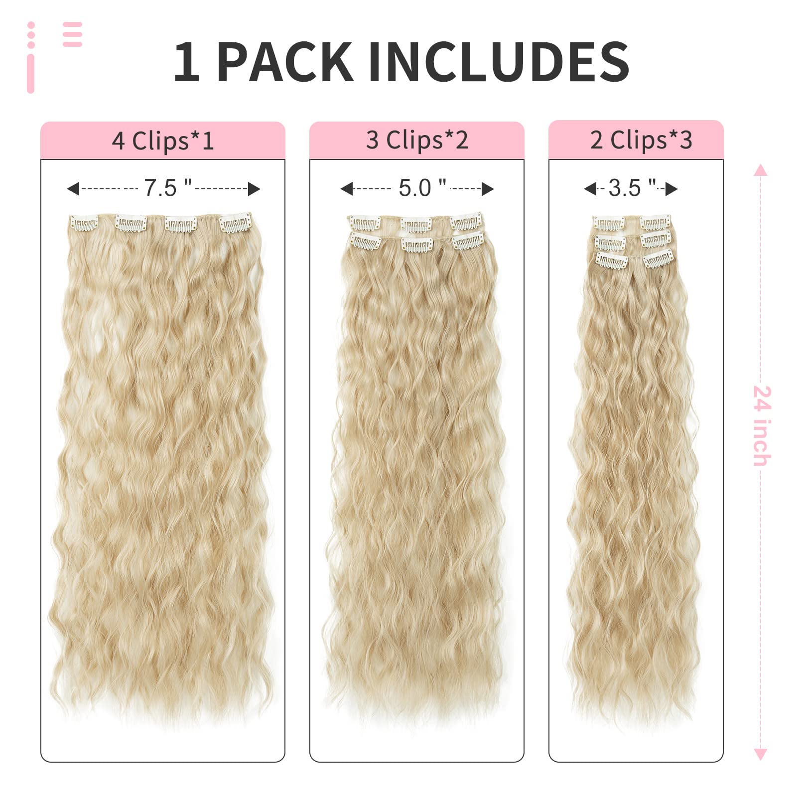 FLUFYMOOZ Clip In Hair Extensions,6PCS Hair Extensions Long Mermaid Waves Wavy Synthetic Clip On Hairpiece For Women 24 Inch (Cool Blonde) - Image 3