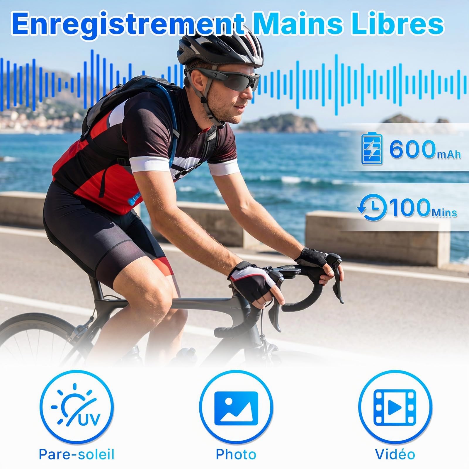 Lunettes de Soleil avec caméra d'action Wi-FI, Mini Caméra Cachée | Caméra d'action WiFi, Caméra Sportive, 120°, Caméra Cachée dans des Lunettes, Prise de Photos/Vidéos, Vélo/la Randonnée