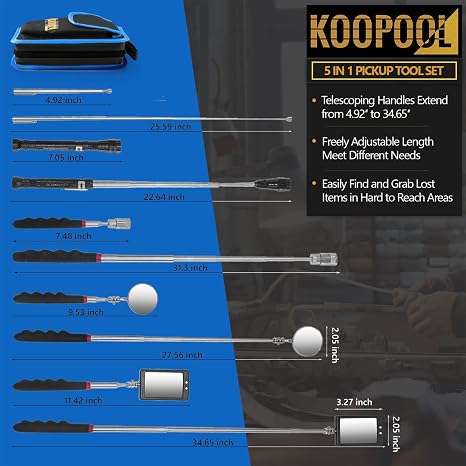Telescoping Magnetic Pickup Tool Set, Inspection Mirror Telescoping, LED Flashlight, Cool Gadgets for Men, Fathers Day Gift, Gifts for Dad, Husband, Kids, Boyfriend, Magnet Stick (Blue)