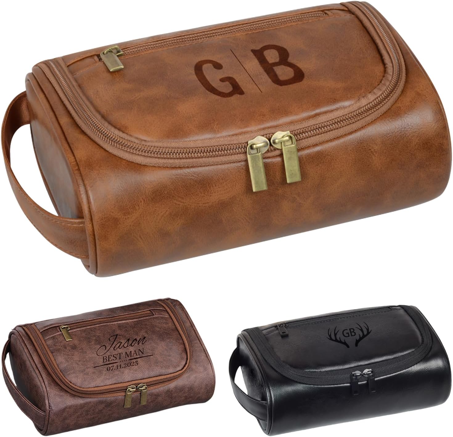 Minimalist Leather Toiletry Bag for Men - Scratch-Resistant Waterproof Dopp Kit, Personalized Custom Engraved Travel Shaving Bag, Slim Groomsmen Gift for Wedding & Business