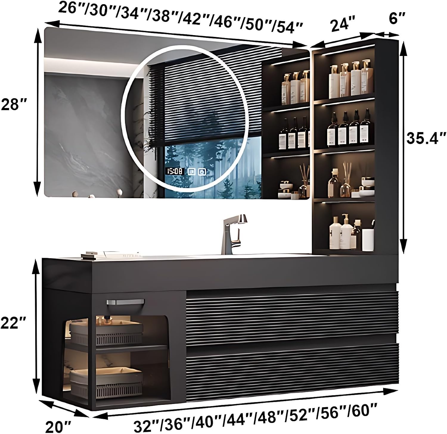 Bathroom Vanity - Wall Mounted Bathroom Vanity with Seamless Sink, Includes Smart Defog Mirror, Modern Sink with Drawers & Side Storage, Easy to Install (Black-Square Mirror,48IN)