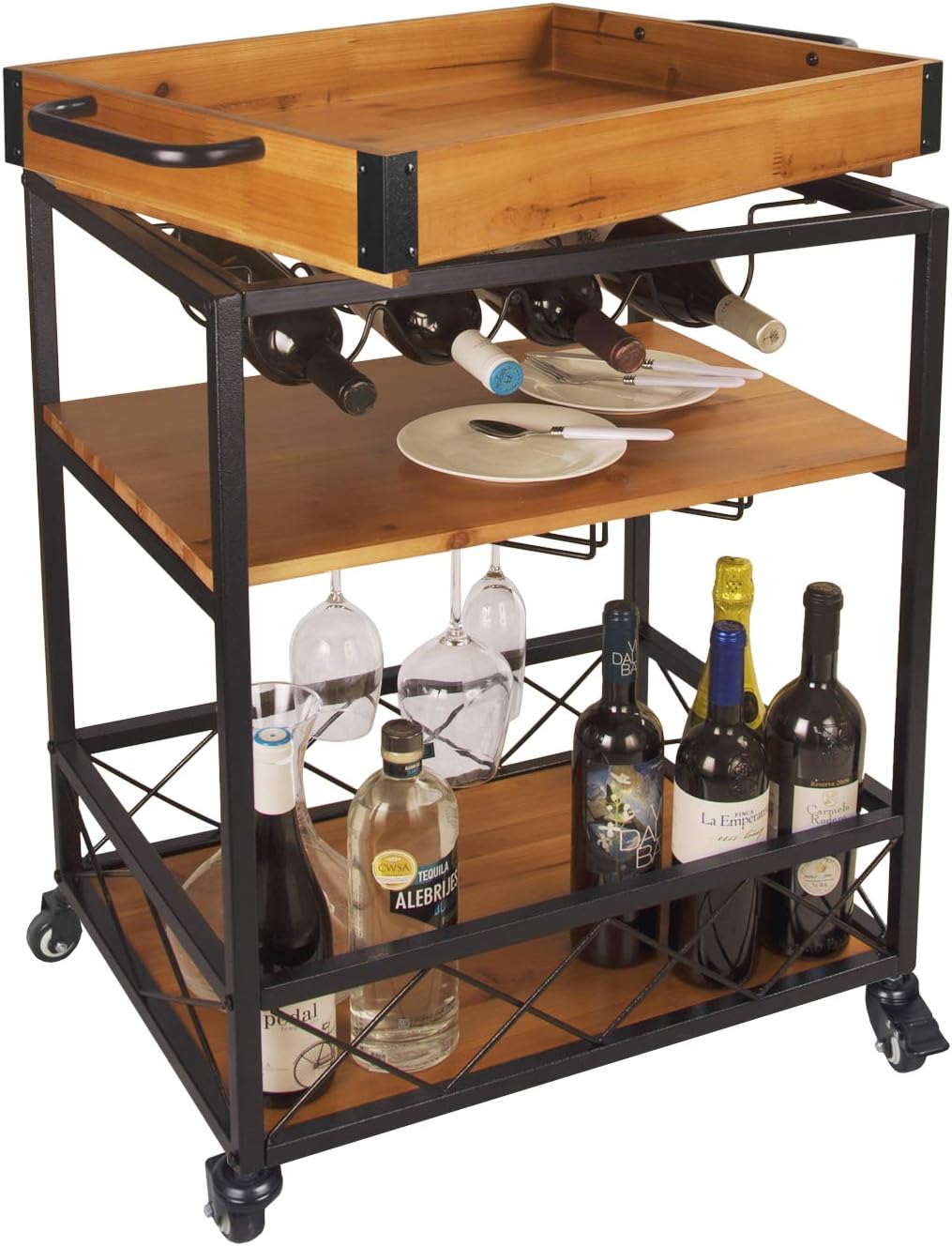 LEVE 24"x18" Solid Wood Kitchen Serving Cart Bar Buffet Cart 3 Tiers with Bottle and Goblet Holder (Light Walnut)