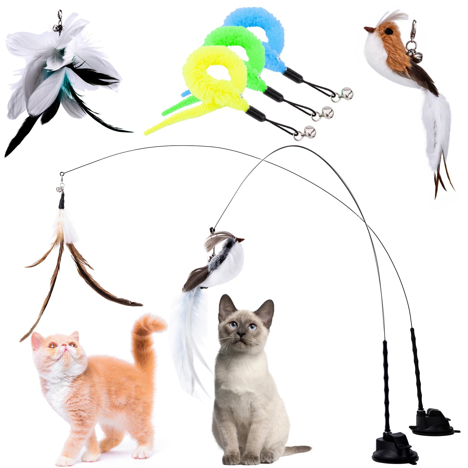 Hengu Juguete para gatos, 13 piezas de juguete para gatos con 2 ventosas, pesca para gatos, juguete interactivo natural para gatos, juguete de inteligencia con plumas
