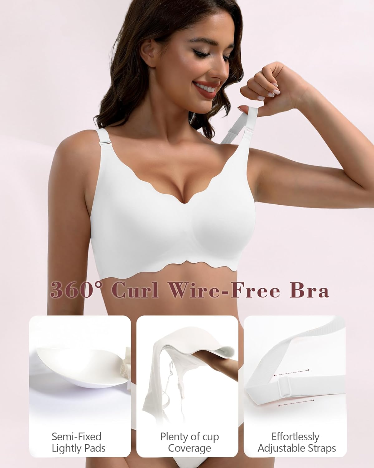 Seamless Bras Wireless No Show Comfort Full Coverage Support Bras for Older Women Lift No Underwire T Shirt Bra for Women 38C/D/DD(White XL) - Image 3
