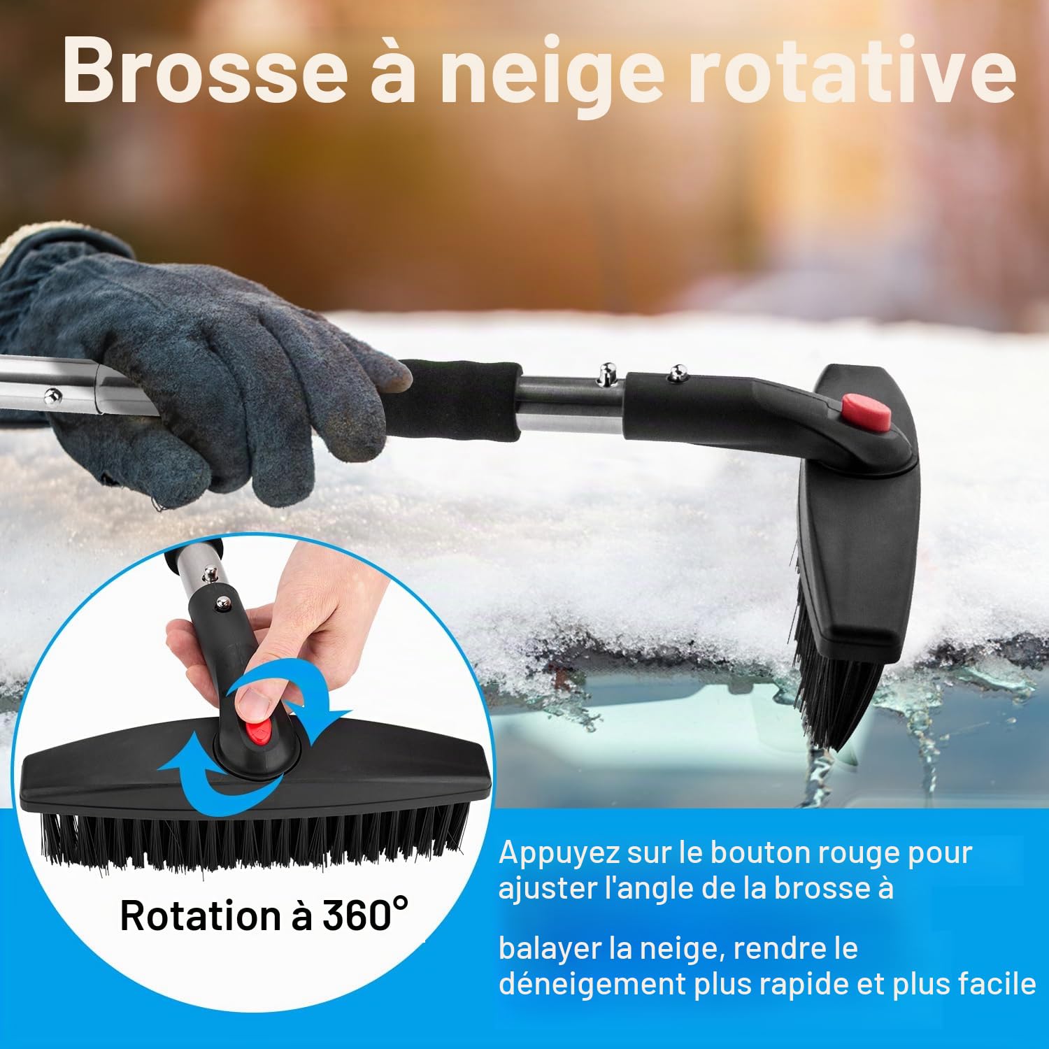 LESOLEIL Kit de Pelle à Neige 3 en 1 Portable Pelle à Neige avec grattoir à Glace et Brosse à Neige, Poignée en Acier Inoxydable (Noir)