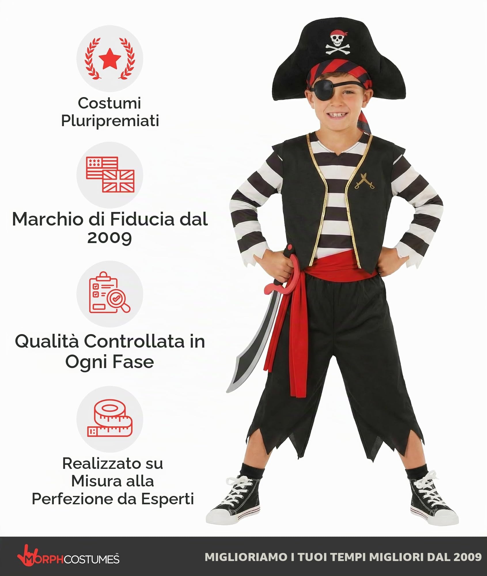 Morph Costume Pirata Bambino, Costume Pirata Halloween Bambino | Maglia con Gilet, Pantaloni, Cappello, Benda & Spada, Perfetto per Halloween, Ideale per il Gioco di Ruolo