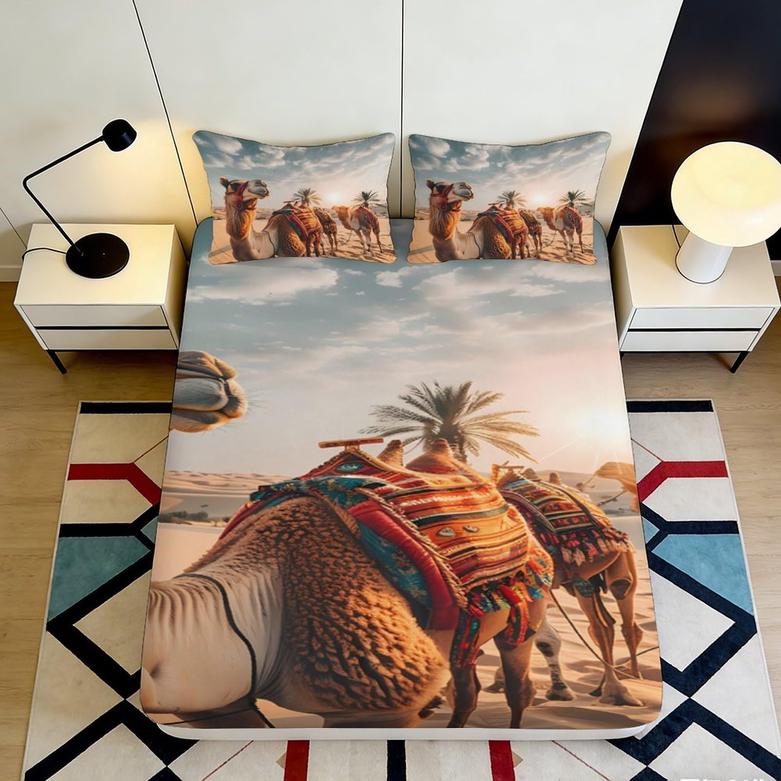 3D Printed Desert Camel Fitted Sheet Microfiber Sand Dune Bed Cover for Bedroom Dorm Mattress Protection Decor 90x200x25cm