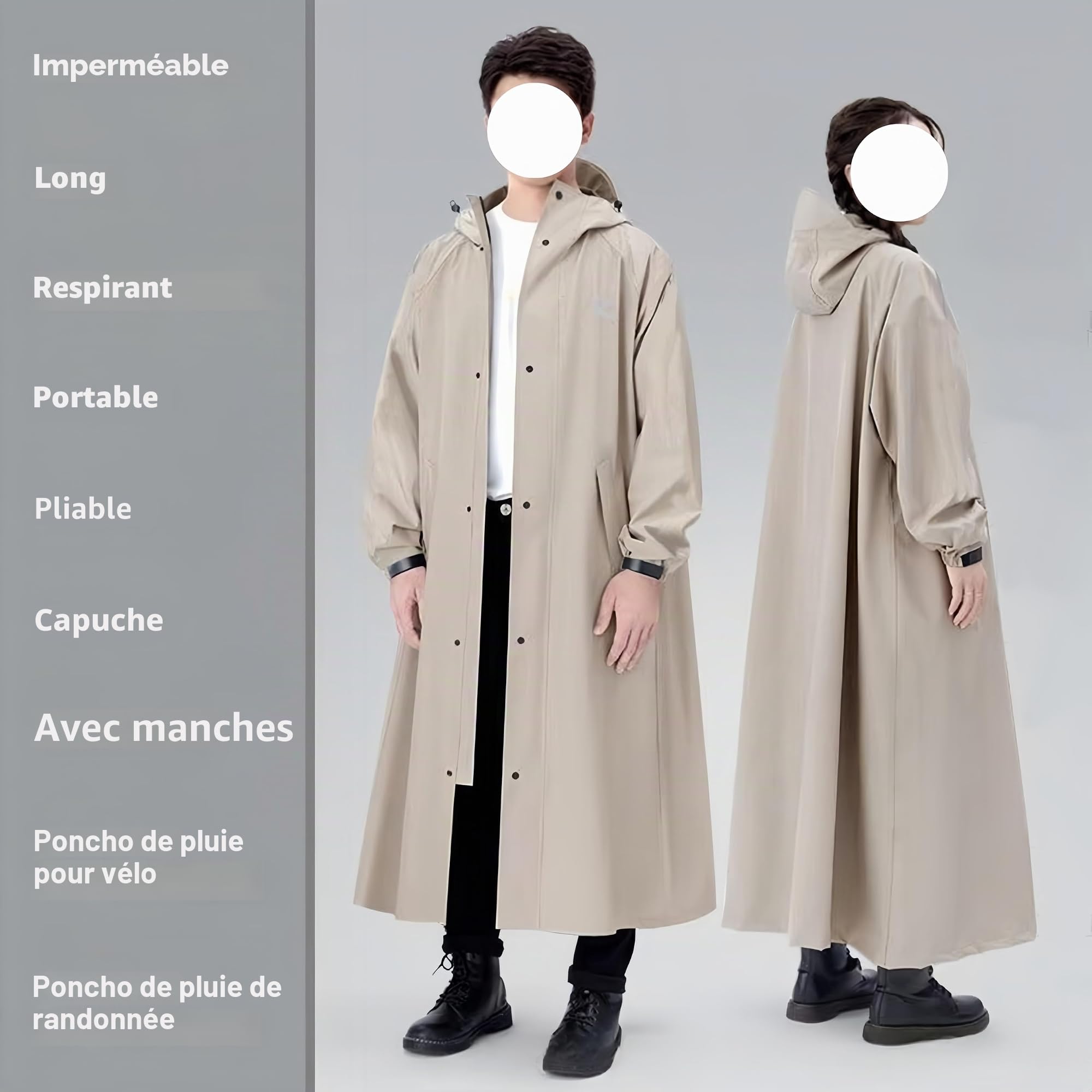 Veste de pluie longue, imperméable, respirante avec manches et capuche réfléchissante, manteau de pluie pour vélo pour homme et femme