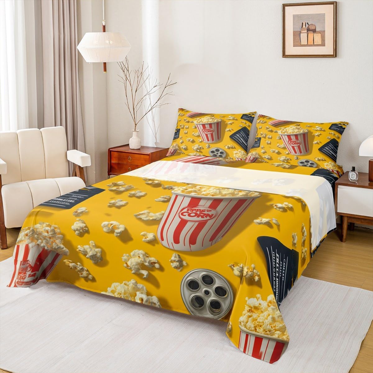 Movie Themed Sheet Set Full for Boys Girls Family Film Theme Decor Bed Sheets Set Popcorn Filmstrip Print Sheets Teens Kids Home Theater Decor Fitted Sheet Vintage Cinema Ticket Flat Sheet