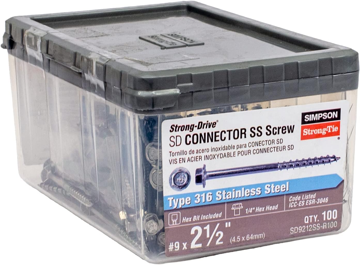 Simpson Strong-Tie SD9212SS-R100 - #9 x 2-1/2 Inch Strong Drive SD Connector SS Screws - Stainless Steel, 1/4 Inch Hex Head, Galvanized Coating, Hex Bit Included, Home Improvement (Box of 100)