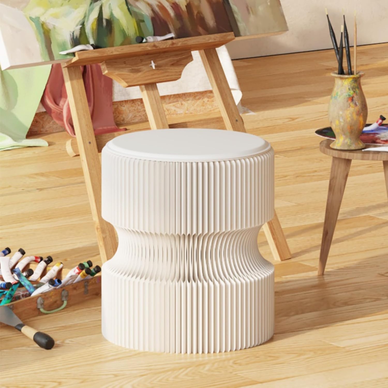 Foldable Paper Stool - Creative Accordion Design, Portable Expandable Round Stool for Home & Commercial Use, Footrest Seat for Entryway, Living Room or Retail Stores (Brown, H16in*D14in)